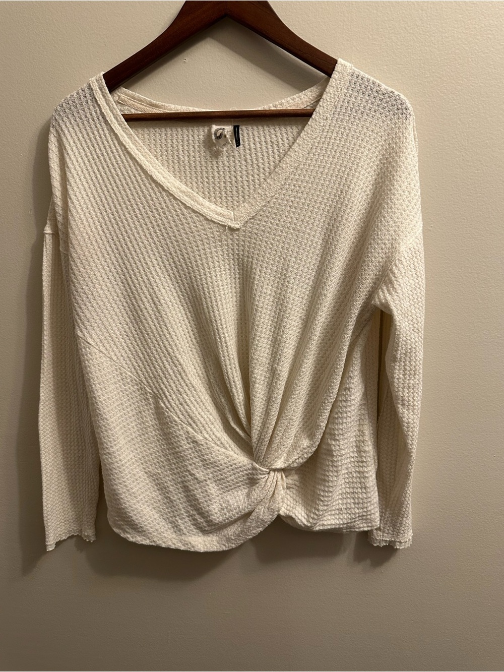 Anthropologie Cream Waffle-Knit Twist V-Neck Long Sleeve Top